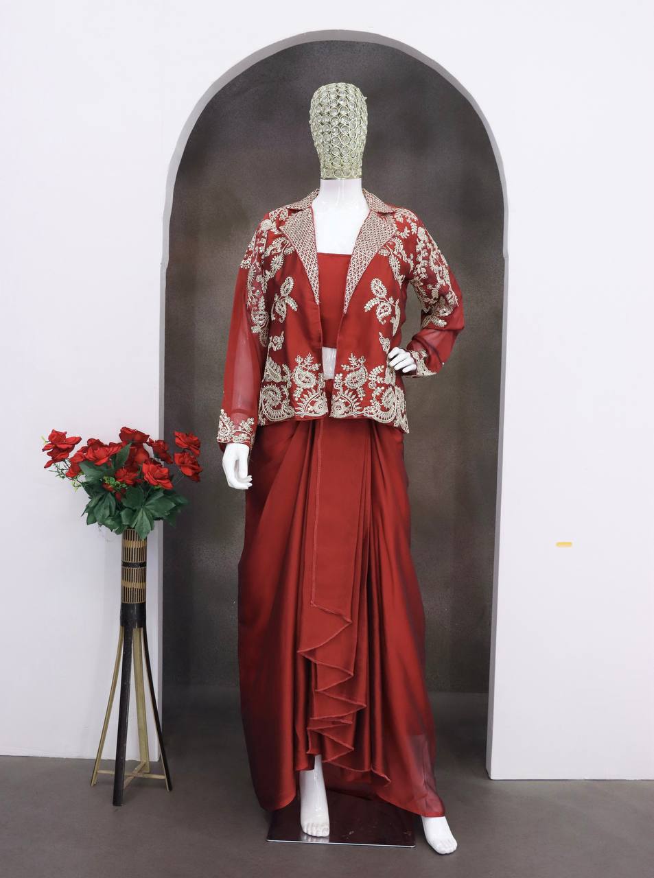 Wine Red Draped Skirt Set with Embroidered Jacket