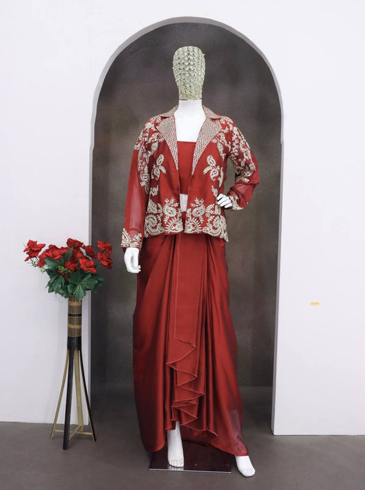 Wine Red Draped Skirt Set with Embroidered Jacket