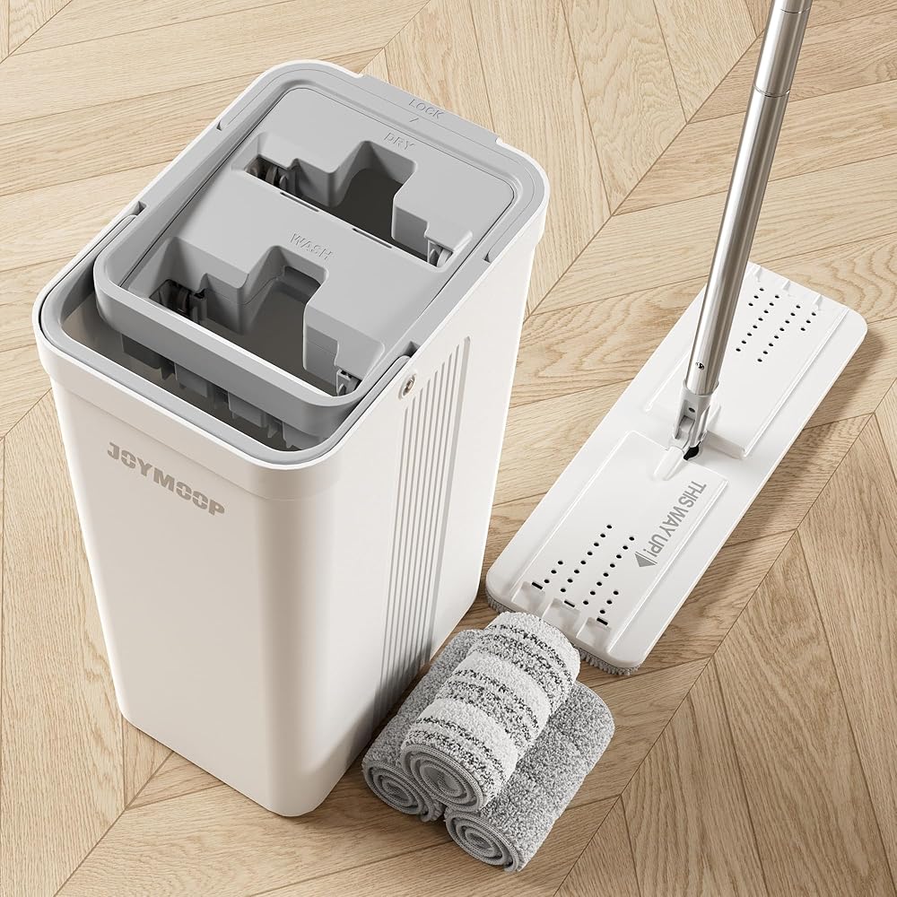 Flat Mop Bucket Set with Self-Cleaning Wringer System