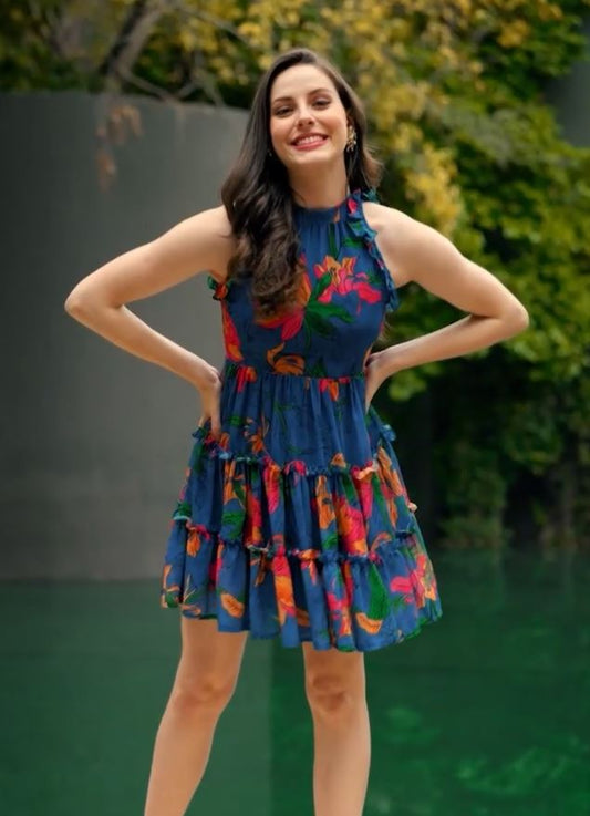 Blue Floral Printed Tiered Fit and Flare Mini Dress