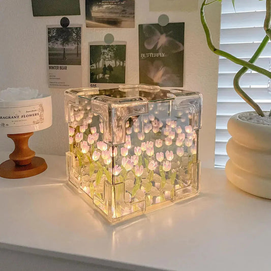 3D Tulip Crystal Cube Lamp – Decorative LED Night Light