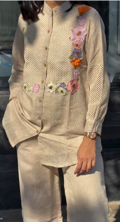 Floral Applique Jute Linen 3-Piece Co-ord Set