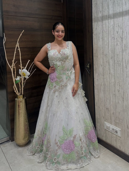 White Embroidered Net Gown with Pastel Floral Work