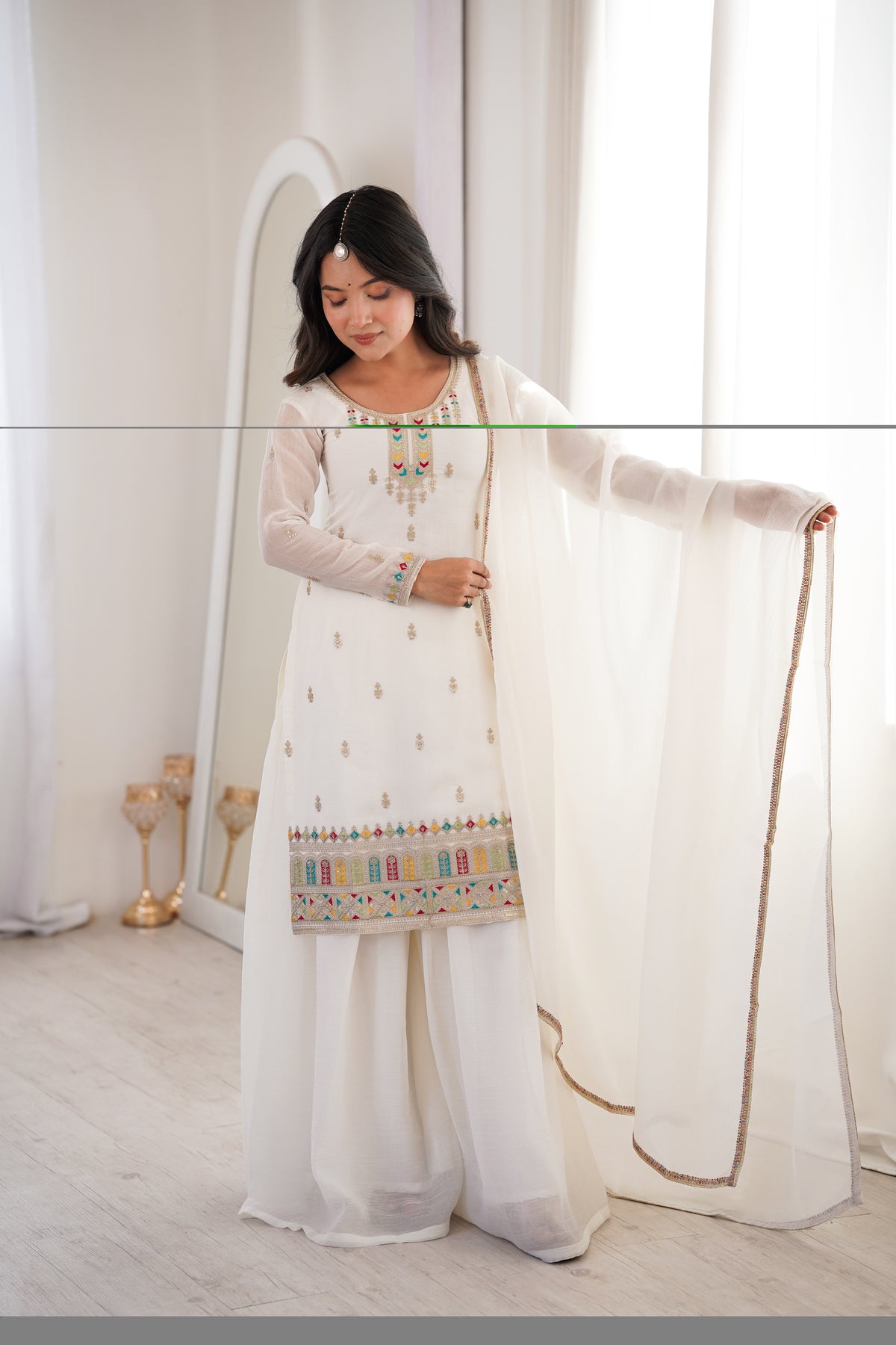 Pure White Crunchy Silk Heavily Embroidered Sharara Suit Set