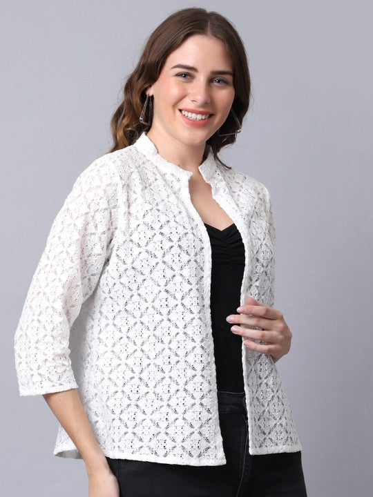 Women White Self-Design Open-Front Cotton Shrug