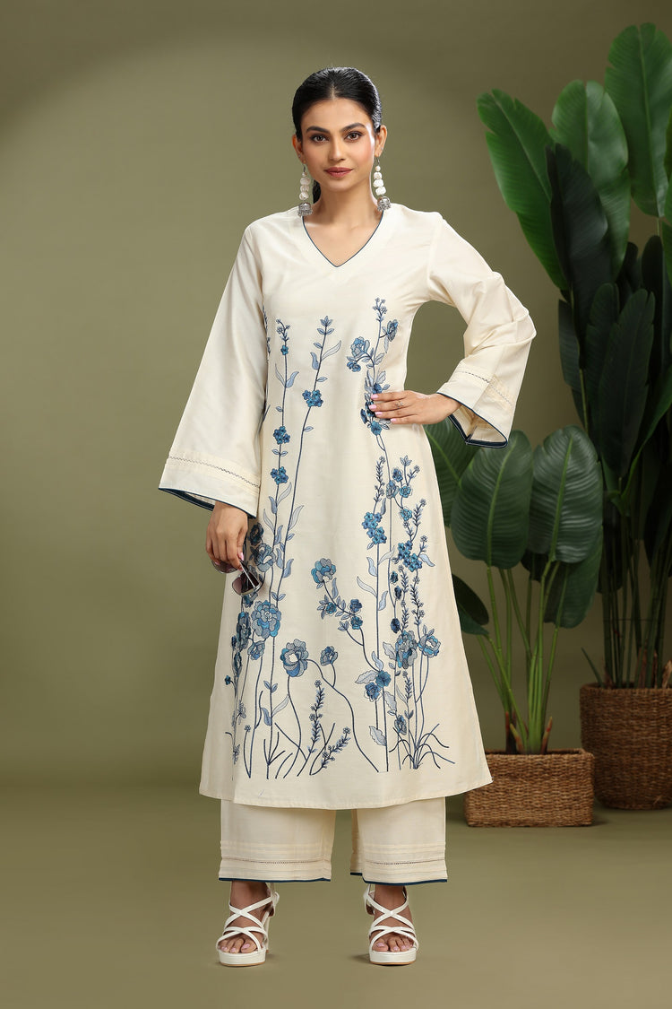 Cotton Floral Embroidered A-Line Kurta and Pant Set