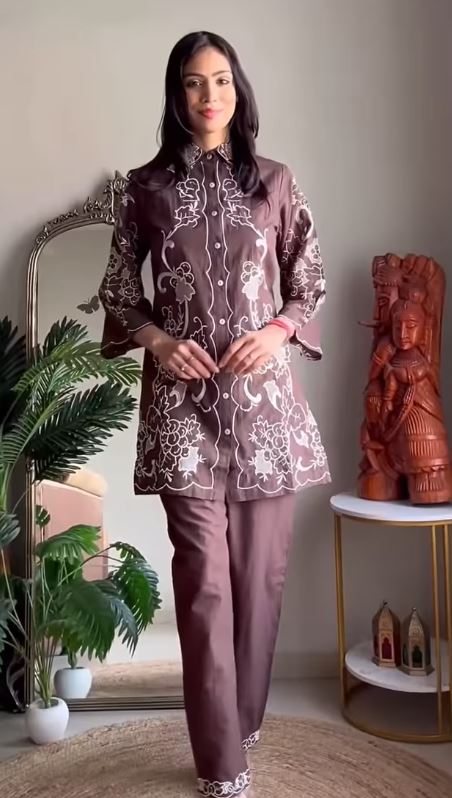 Pure Cotton V-Neck Tunic and Panelled Palazzo Co-ord Set