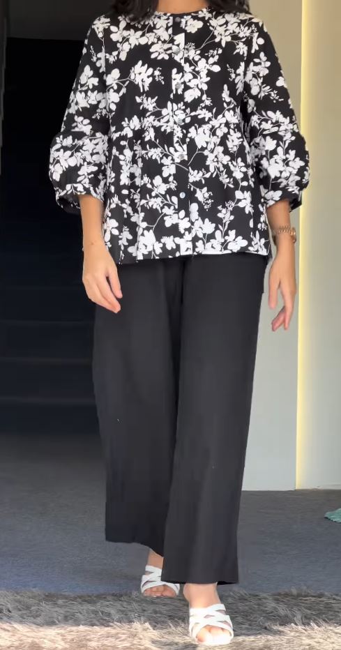 Floral Print Peplum Tunic and Wide-Leg Trouser Set