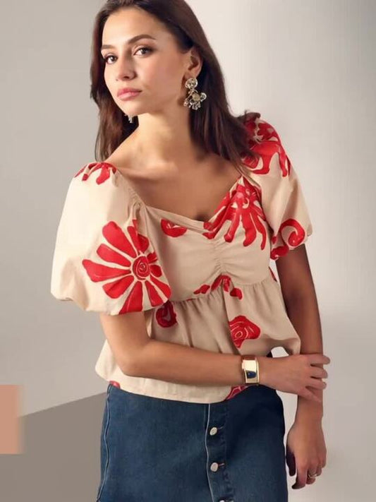 Women Floral Print Balloon Sleeve Peplum Top