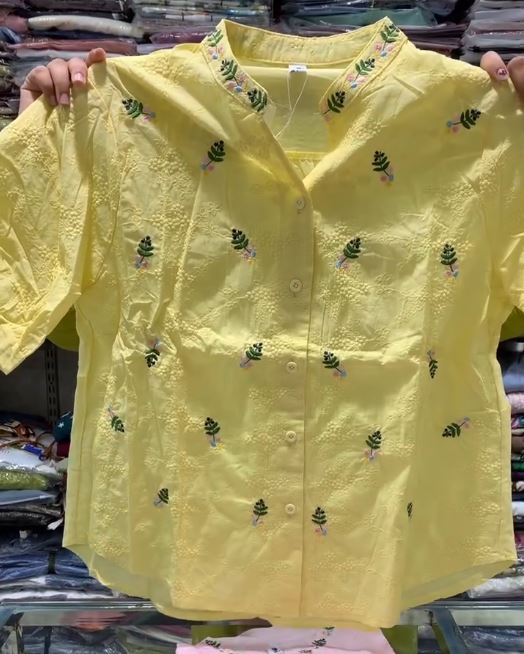Women’s Textured Pure Cotton Shirt with Floral Embroidery