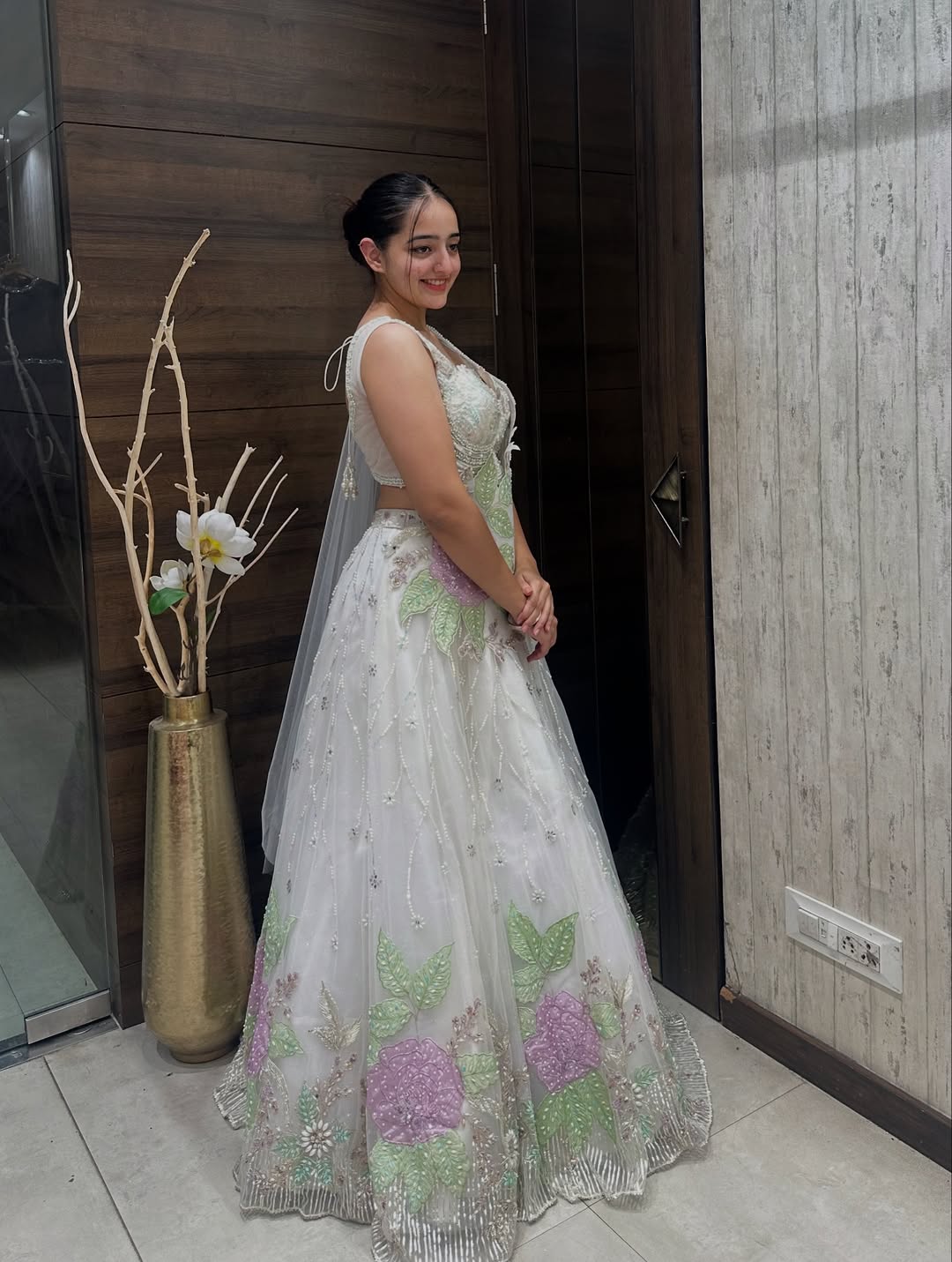 White Embroidered Net Gown with Pastel Floral Work