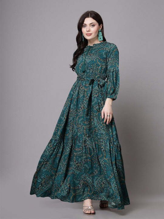 Floral Printed Mandarin Collar Cuffed Sleeves Tiered Maxi Dress