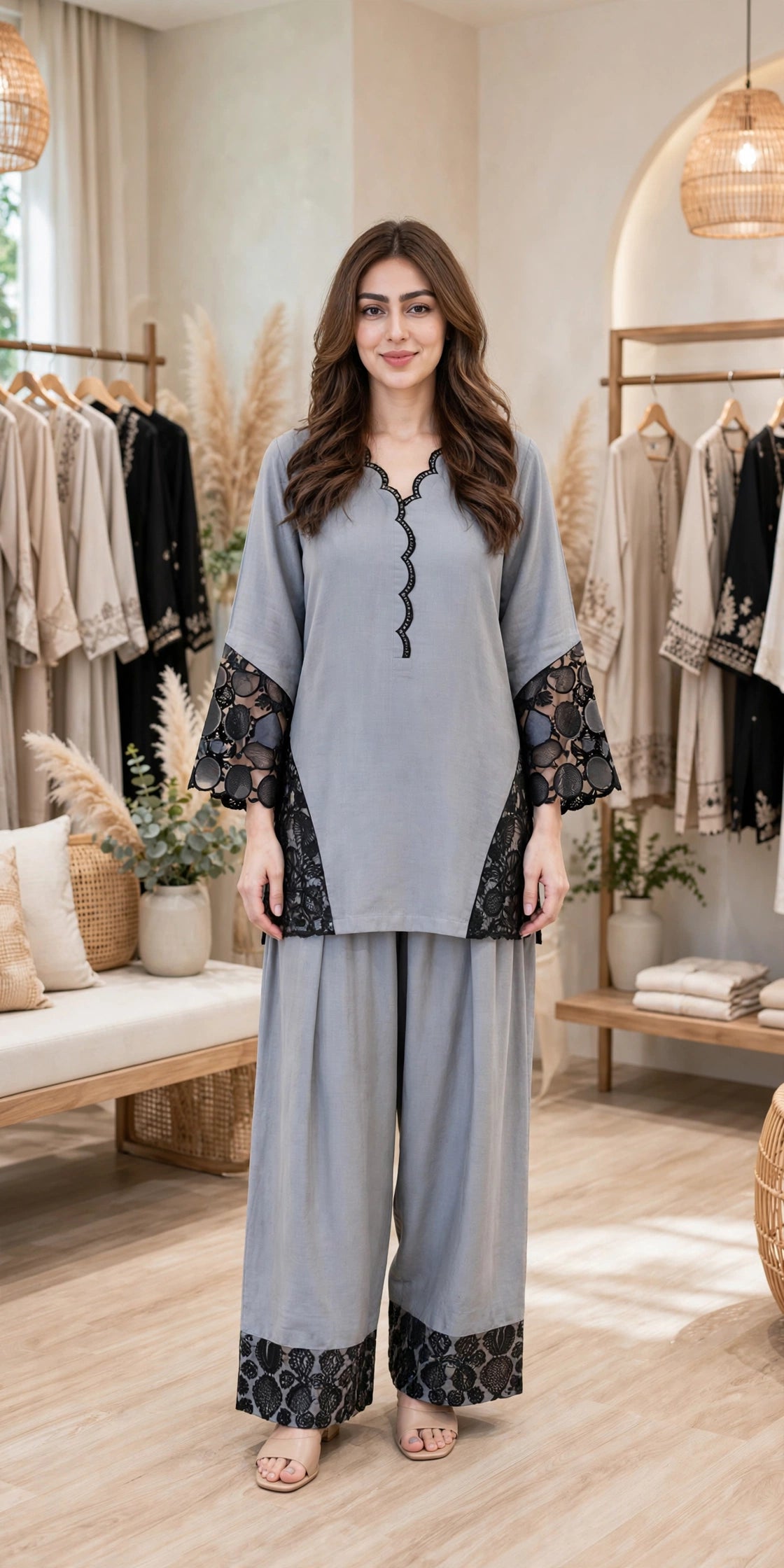 Ethereal Scalloped Edge Kurta & Tulip Salwar Set – Available in Cream & Slate Grey