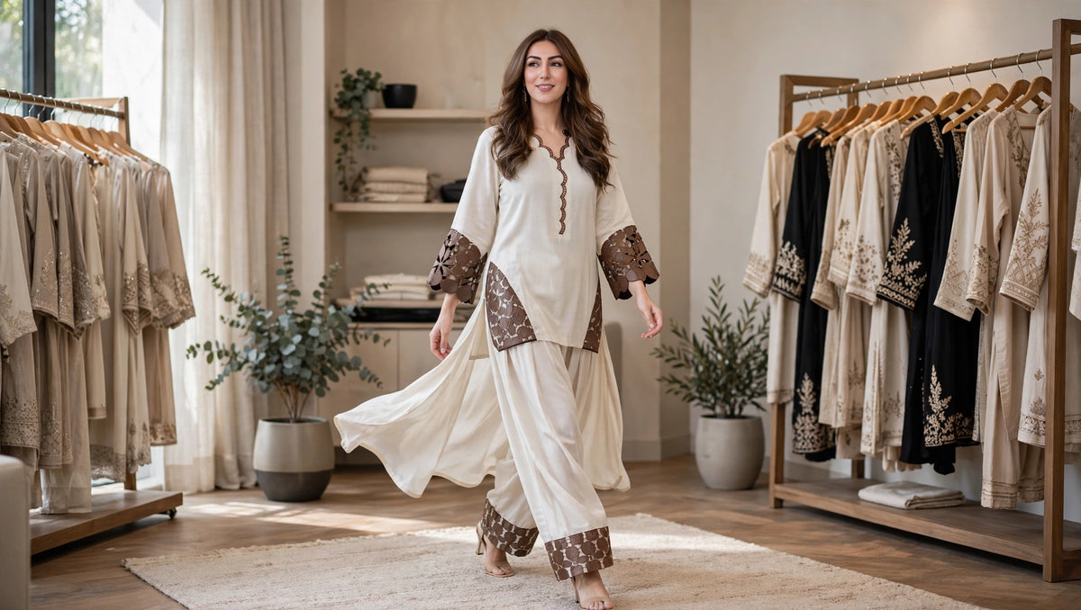 Ethereal Scalloped Edge Kurta & Tulip Salwar Set – Available in Cream & Slate Grey