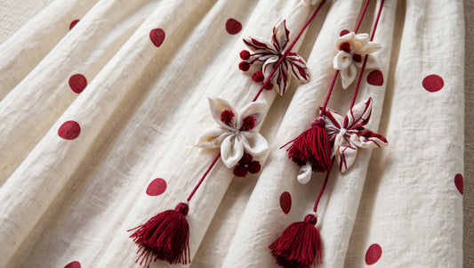 Ivory & Crimson Polka-Dot Corset Dress with Floral Tassel Detailing – Available in Striped Corset & Plain Corset Designs