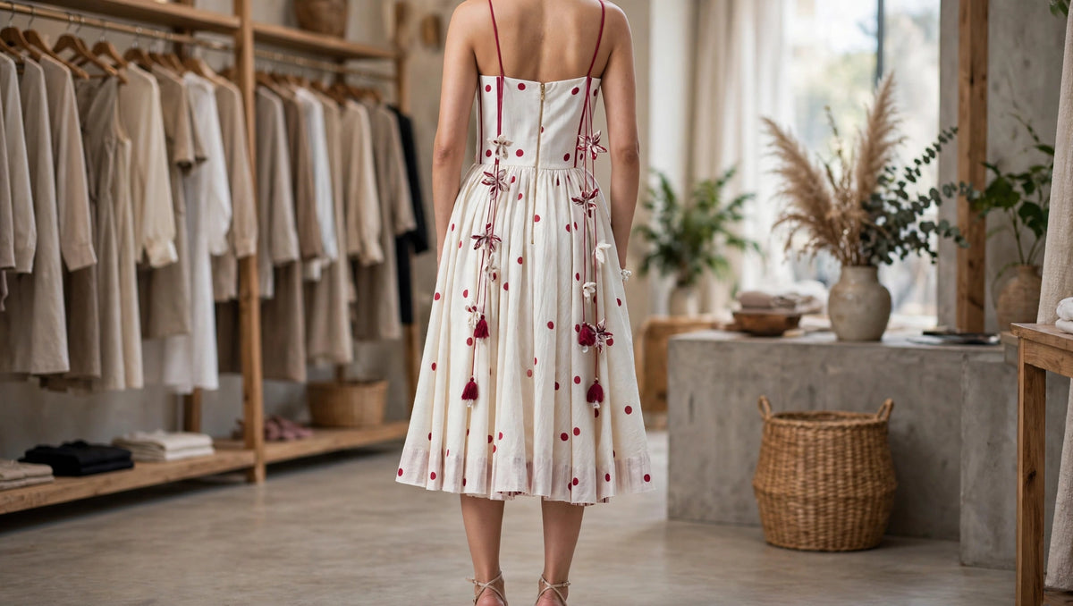Ivory & Crimson Polka-Dot Corset Dress with Floral Tassel Detailing – Available in Striped Corset & Plain Corset Designs
