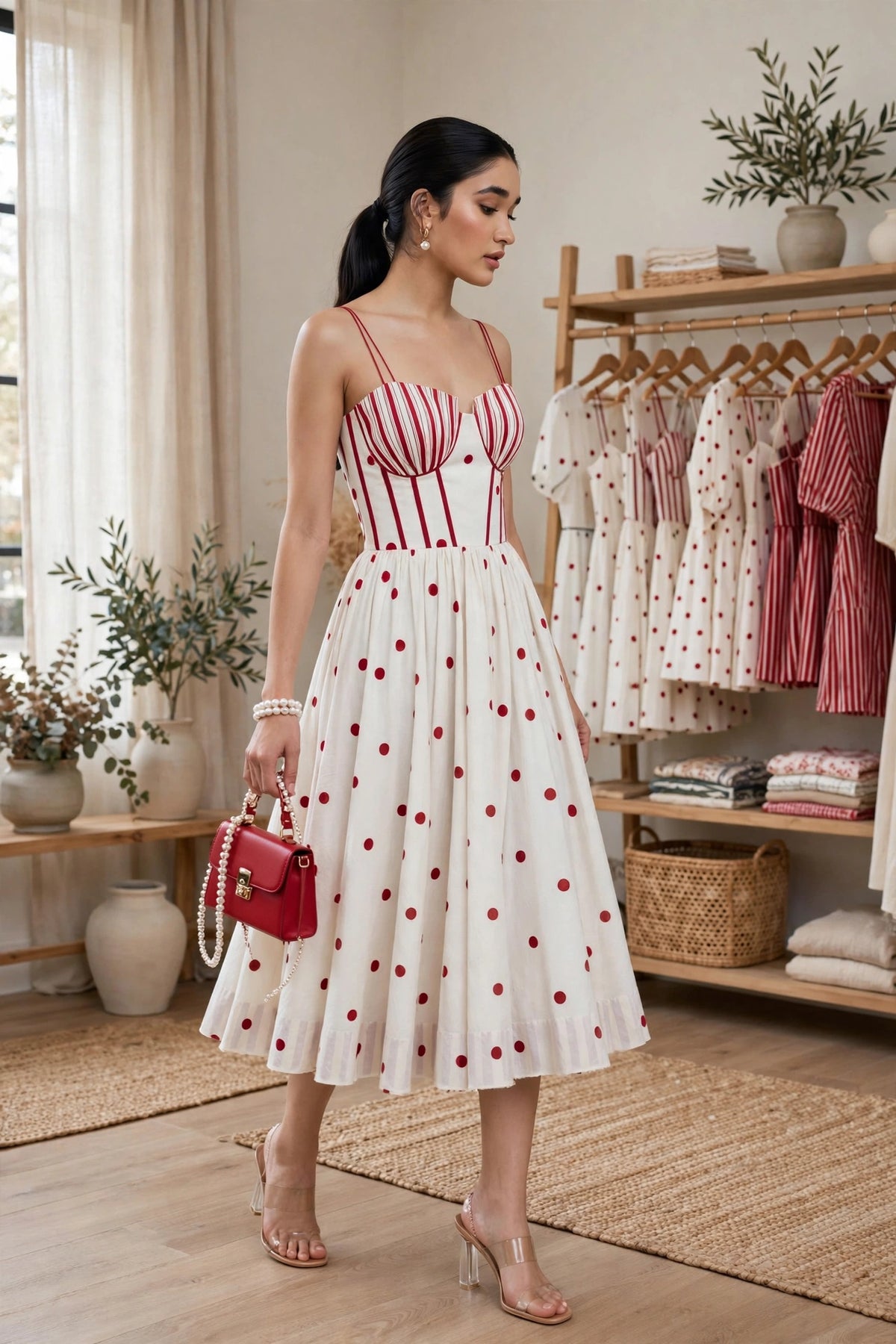 Ivory & Crimson Polka-Dot Corset Dress with Floral Tassel Detailing – Available in Striped Corset & Plain Corset Designs
