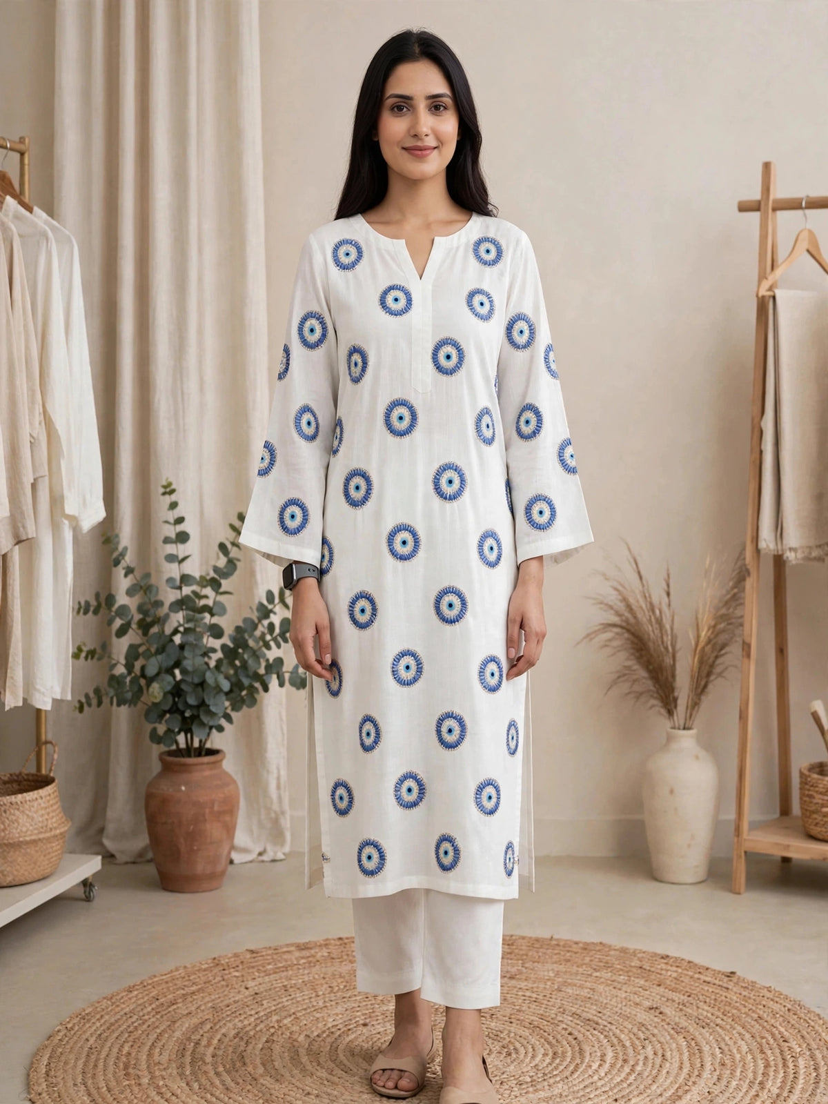 Ethereal White Evil Eye Embroidered Cotton Kurta Set