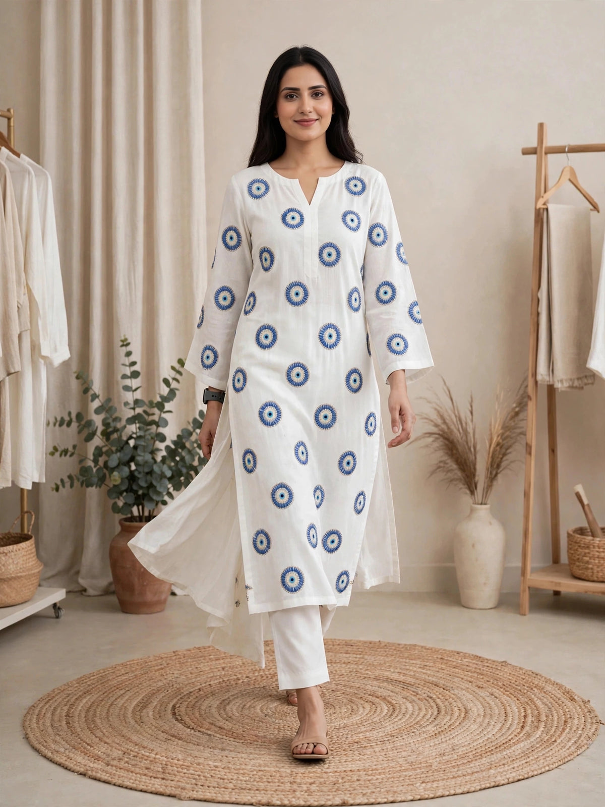 Ethereal White Evil Eye Embroidered Cotton Kurta Set