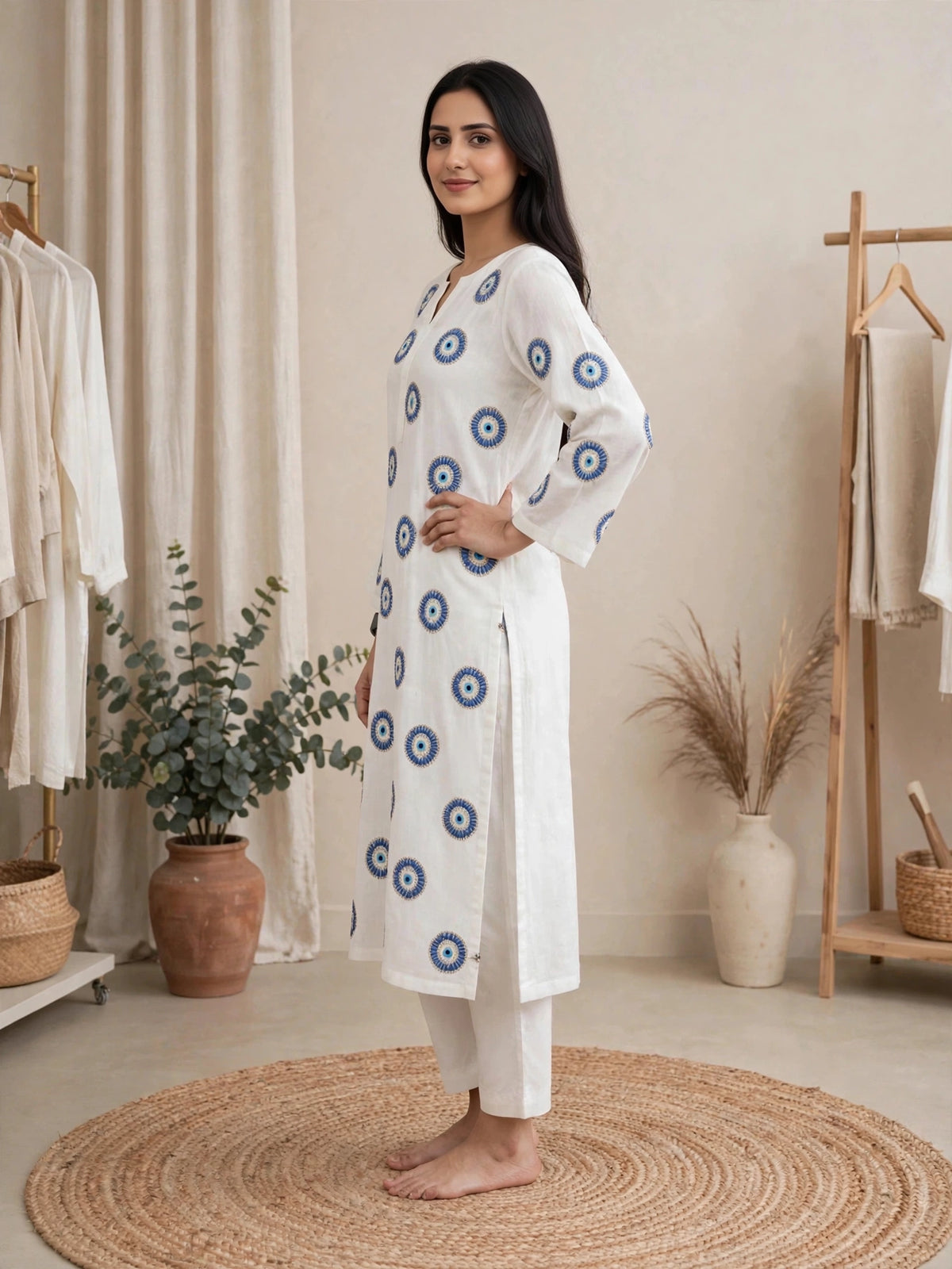 Ethereal White Evil Eye Embroidered Cotton Kurta Set