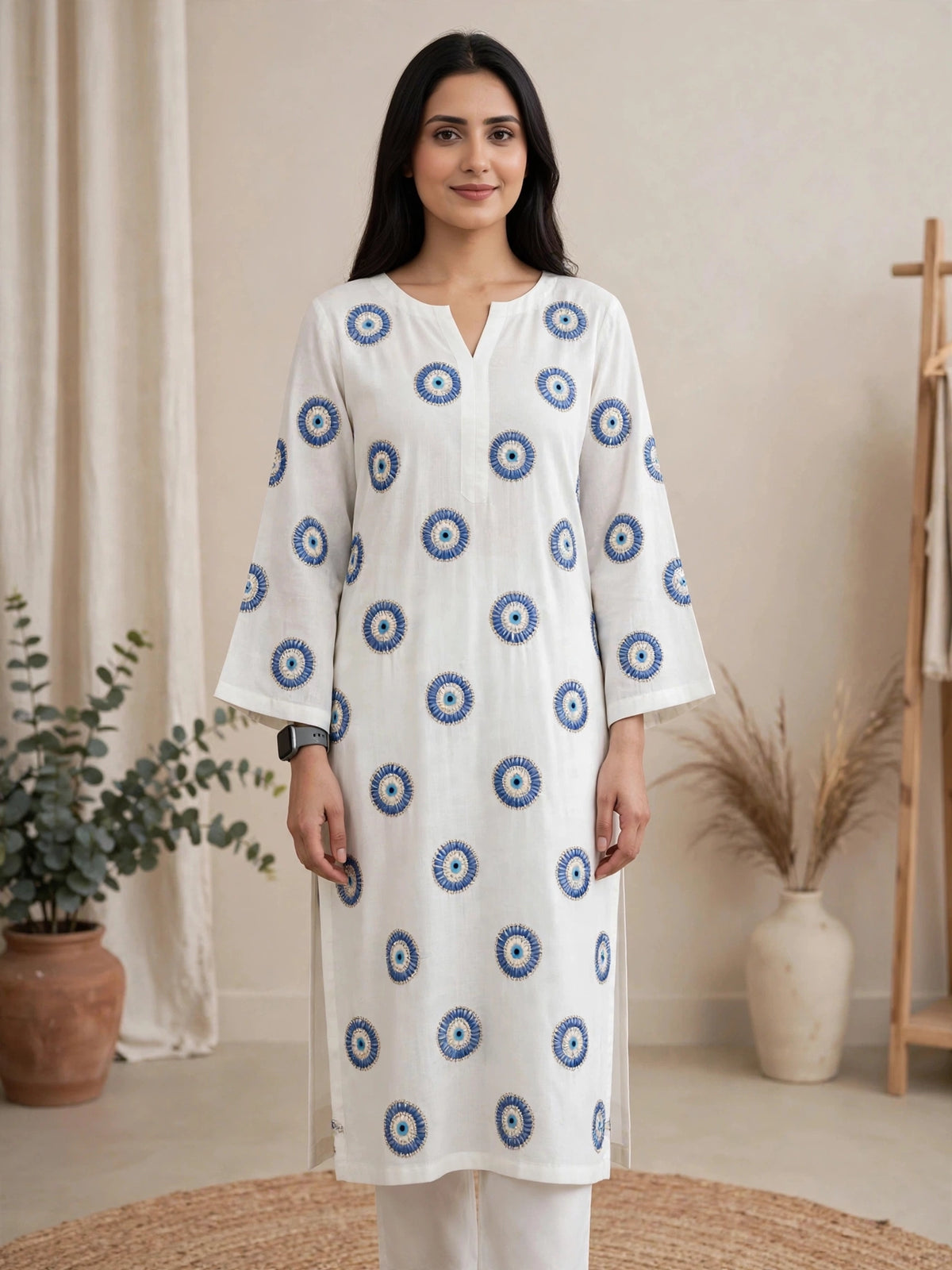 Ethereal White Evil Eye Embroidered Cotton Kurta Set