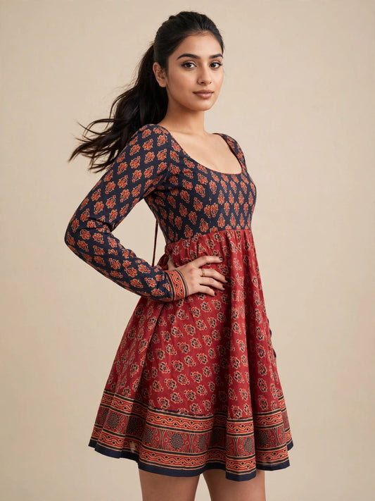 Aurelia Floral Print A-Line Mini Dress – Navy & Red