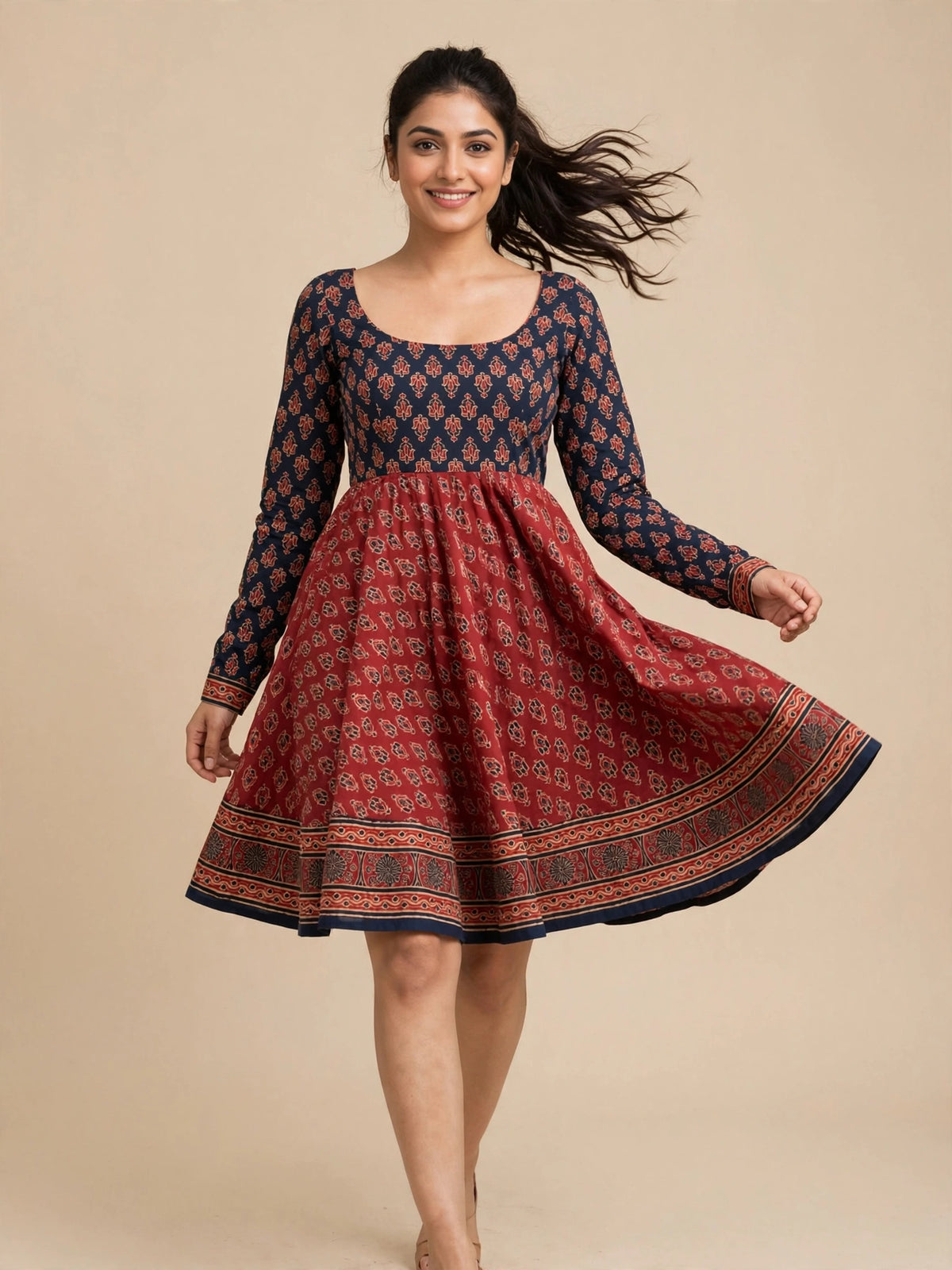 Aurelia Floral Print A-Line Mini Dress – Navy & Red