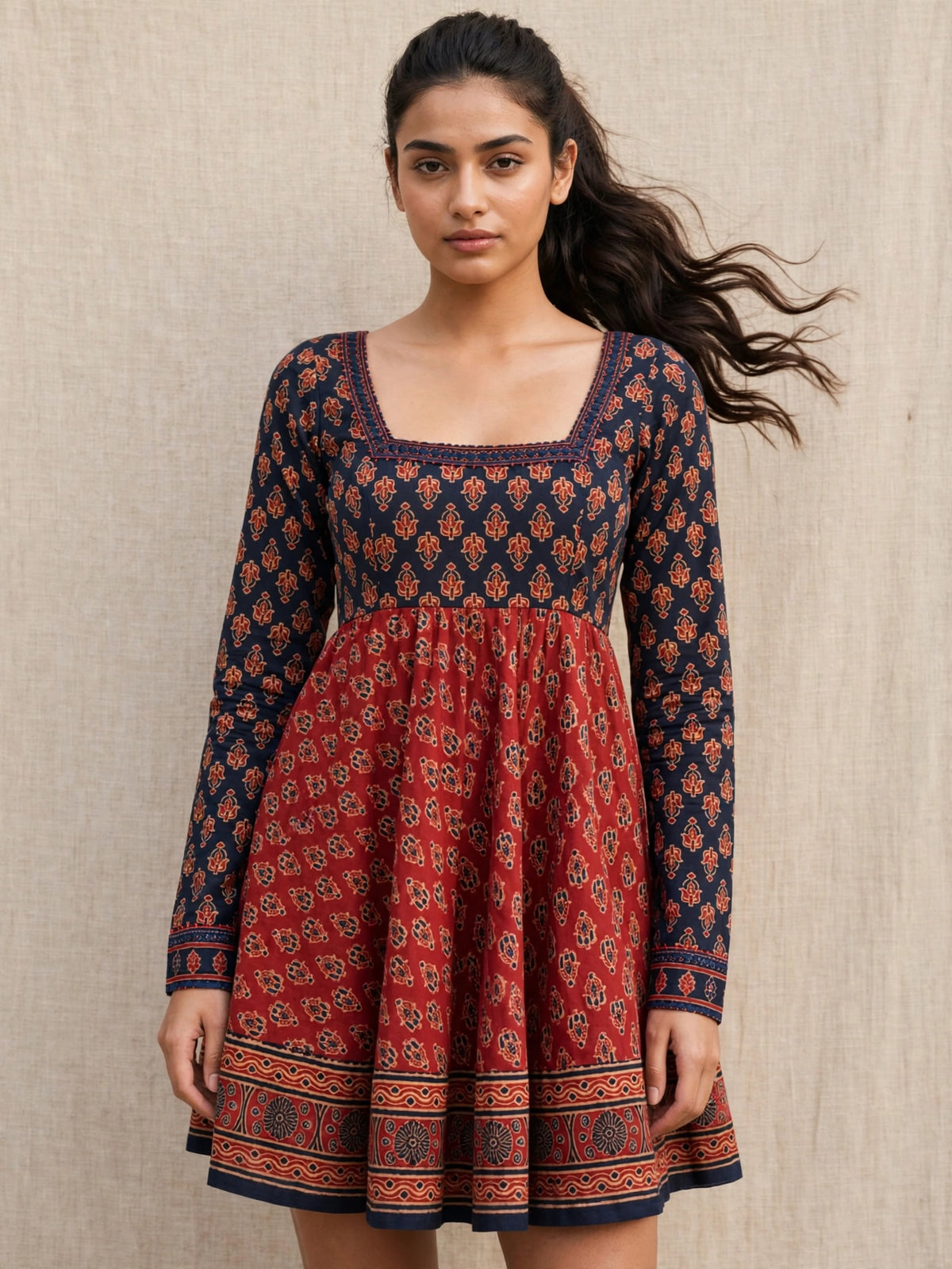 Aurelia Floral Print A-Line Mini Dress – Navy & Red