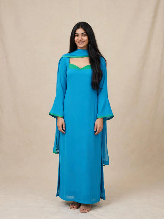Cerulean Blue Flared Suit Set with Contrast Green Detailing