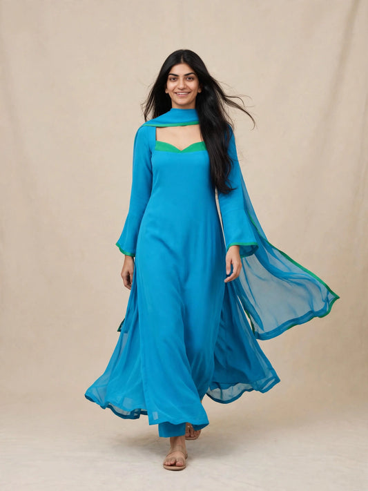 Cerulean Blue Flared Suit Set with Contrast Green Detailing