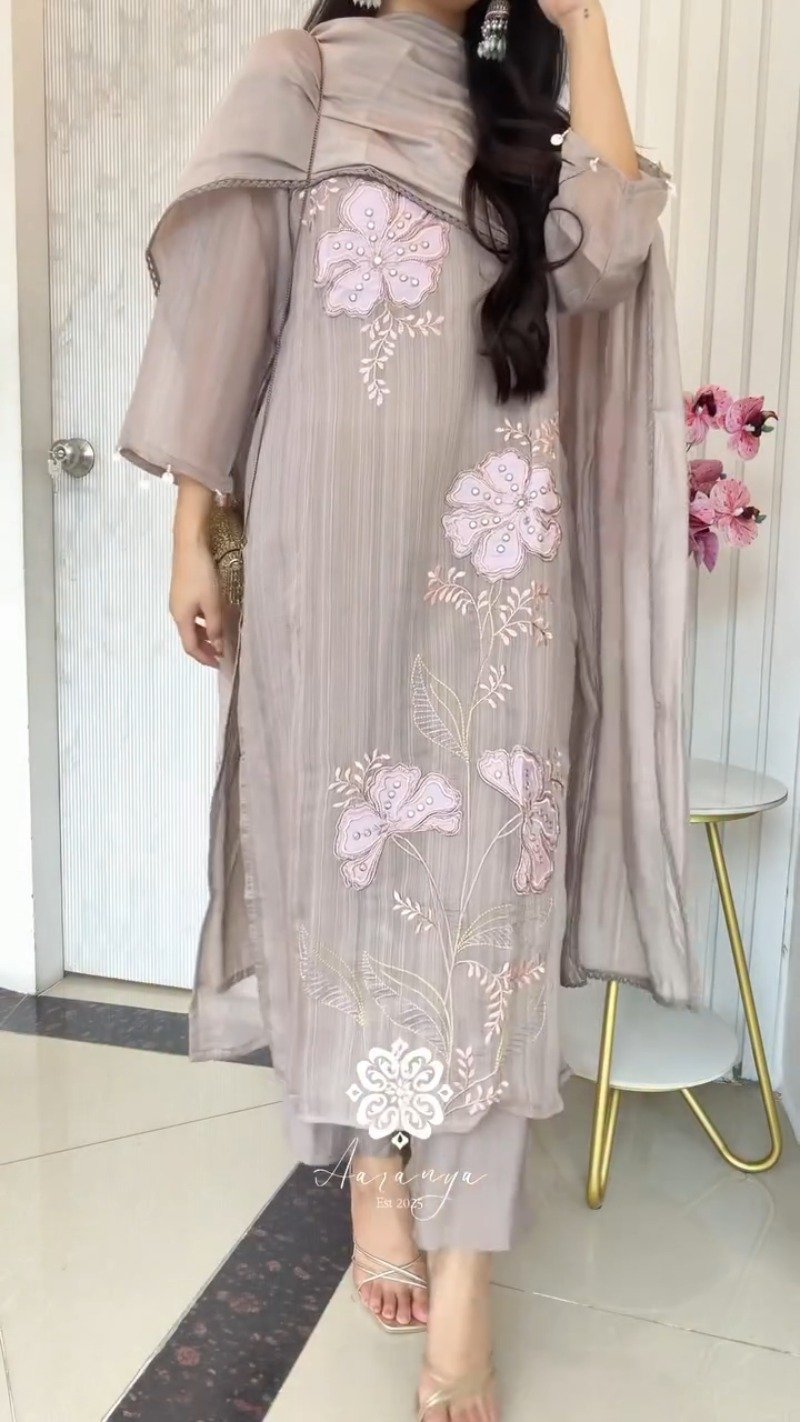 Ethereal Taupe Floral Embroidered Kurta Set with Dupatta