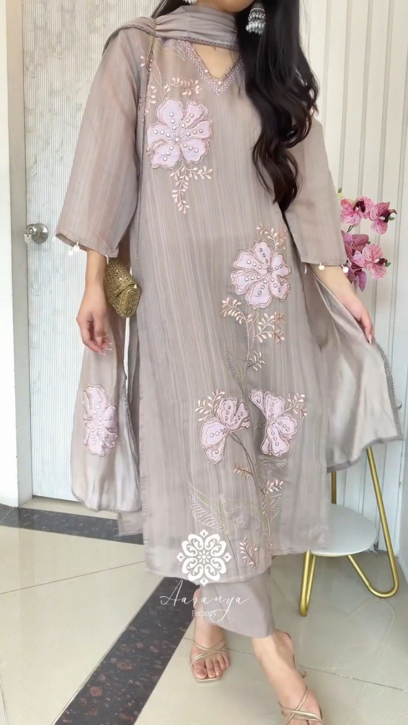 Ethereal Taupe Floral Embroidered Kurta Set with Dupatta