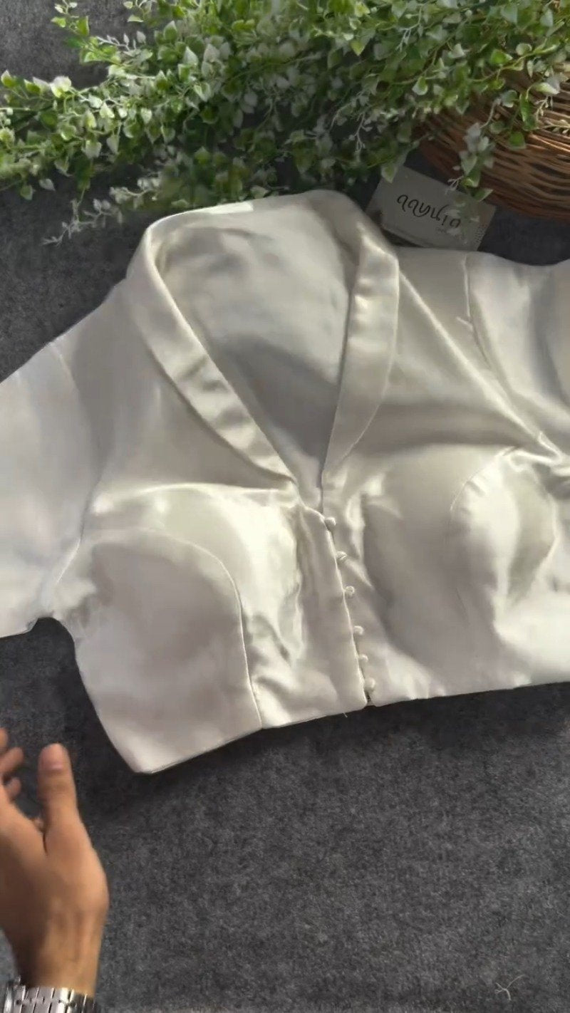 Satin Notch Collar Button-Down Blouse – Available in Pearl White, Crimson Red & Deep Maroon