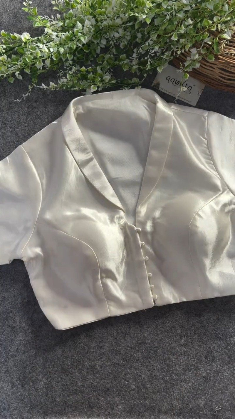 Satin Notch Collar Button-Down Blouse – Available in Pearl White, Crimson Red & Deep Maroon