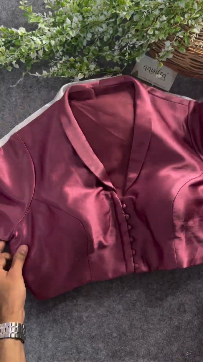 Satin Notch Collar Button-Down Blouse – Available in Pearl White, Crimson Red & Deep Maroon