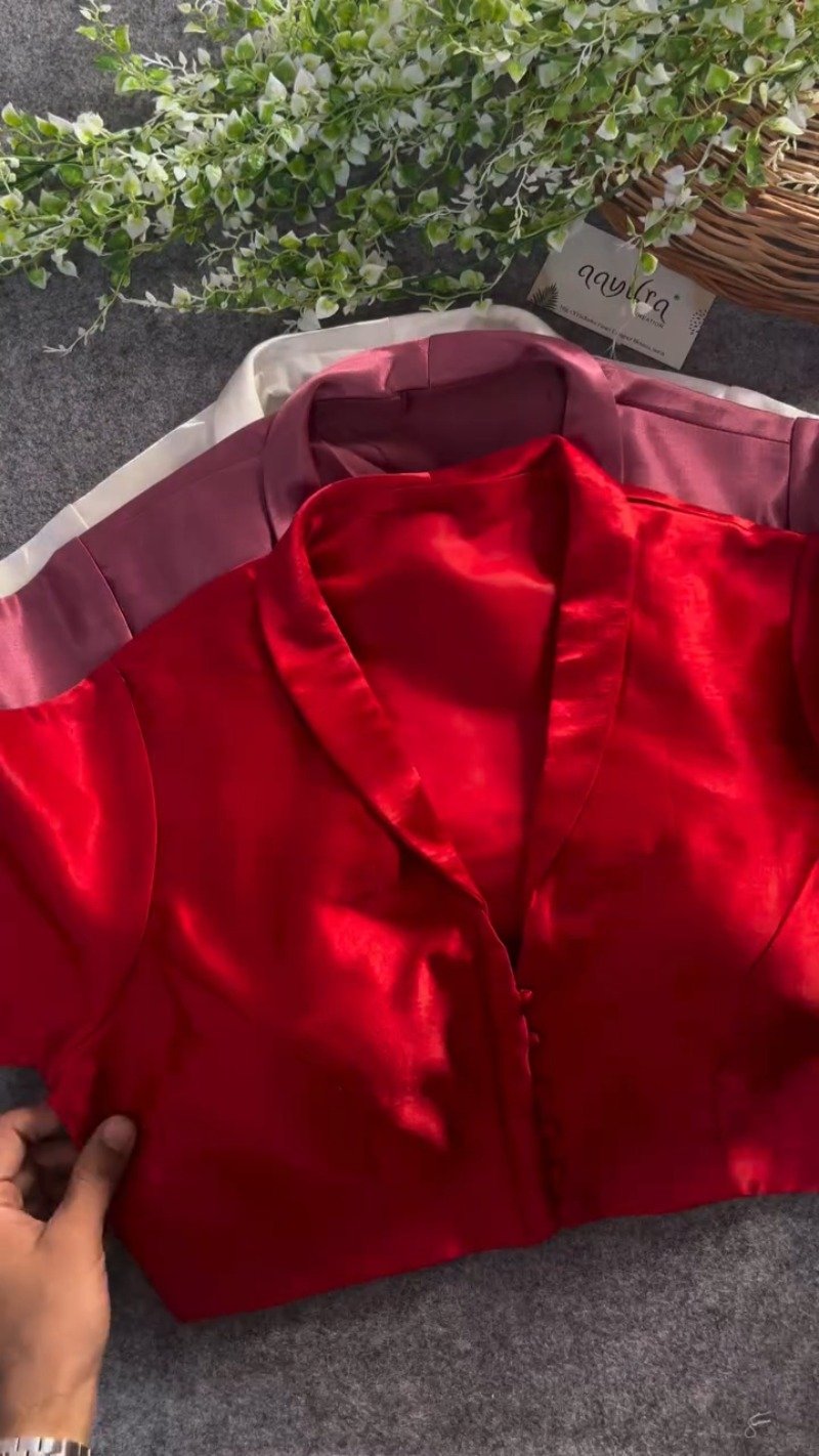 Satin Notch Collar Button-Down Blouse – Available in Pearl White, Crimson Red & Deep Maroon
