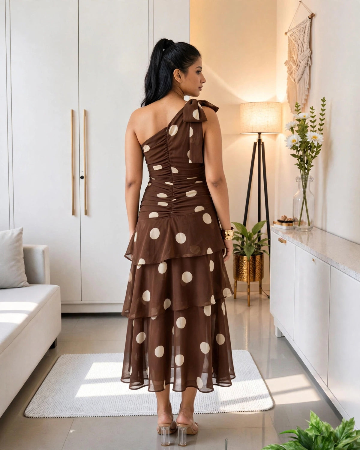 Elegant Tiered Midi Dress Collection – Available in Soft Petal Pink & Chocolate Polka Dot