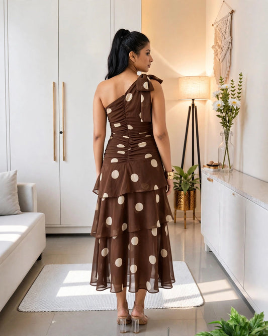 Elegant Tiered Midi Dress Collection – Available in Soft Petal Pink & Chocolate Polka Dot