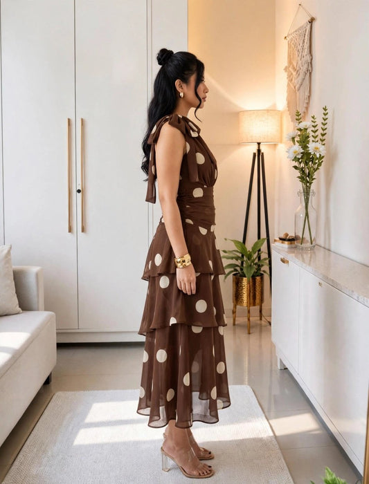 Elegant Tiered Midi Dress Collection – Available in Soft Petal Pink & Chocolate Polka Dot