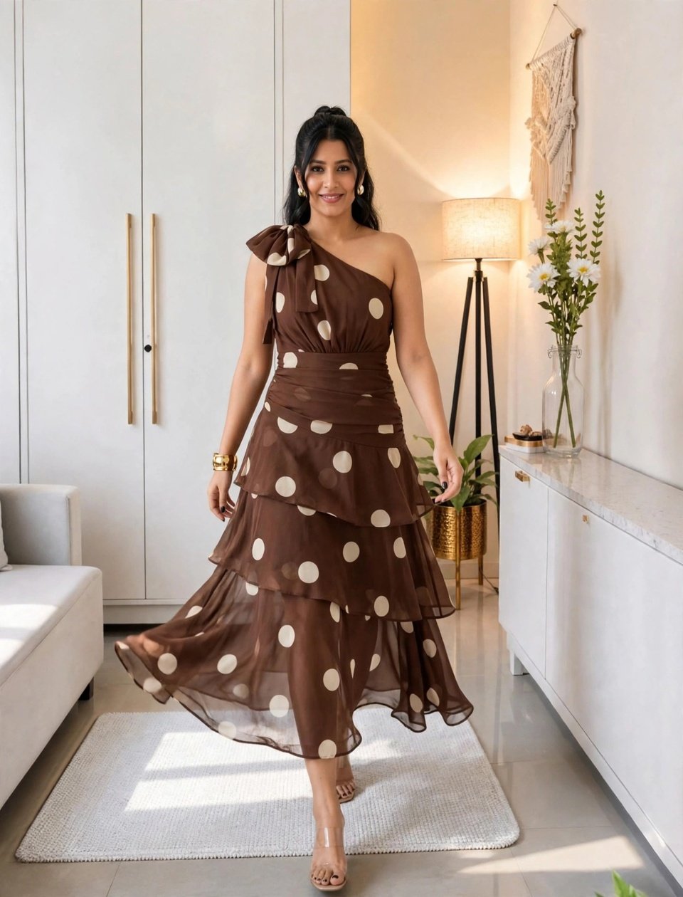 Elegant Tiered Midi Dress Collection – Available in Soft Petal Pink & Chocolate Polka Dot