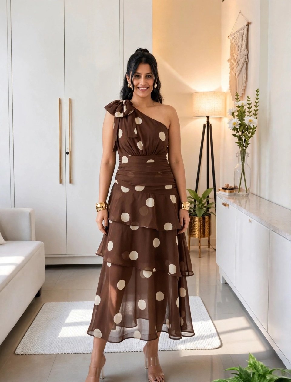 Elegant Tiered Midi Dress Collection – Available in Soft Petal Pink & Chocolate Polka Dot
