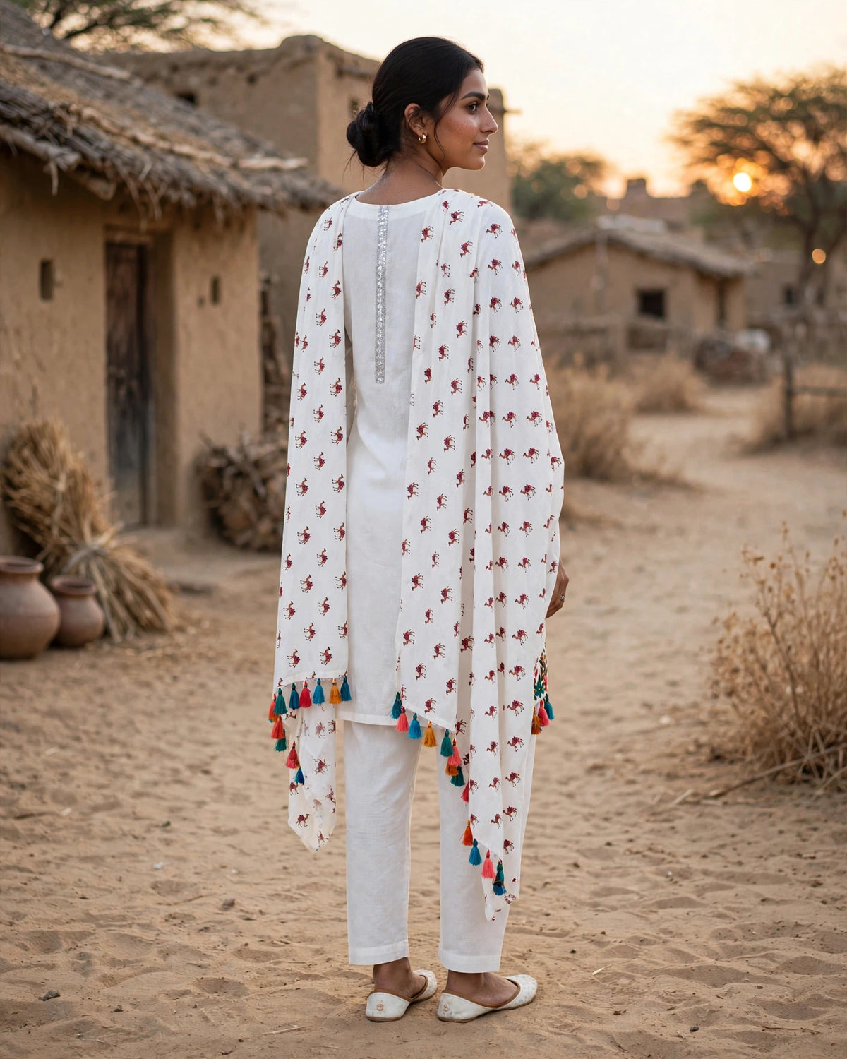 Desert Heritage Hand-Embroidered Camel Motif Kurta Set – Ivory Elegance