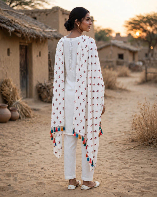 Desert Heritage Hand-Embroidered Camel Motif Kurta Set – Ivory Elegance