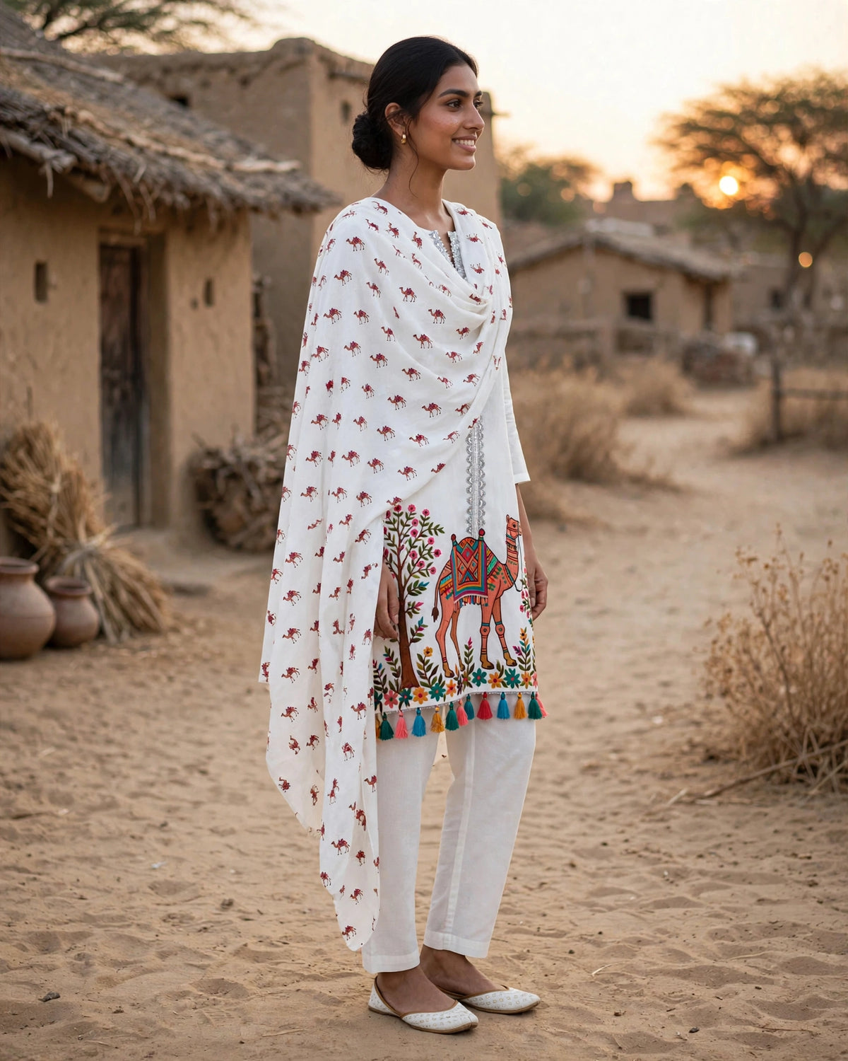 Desert Heritage Hand-Embroidered Camel Motif Kurta Set – Ivory Elegance