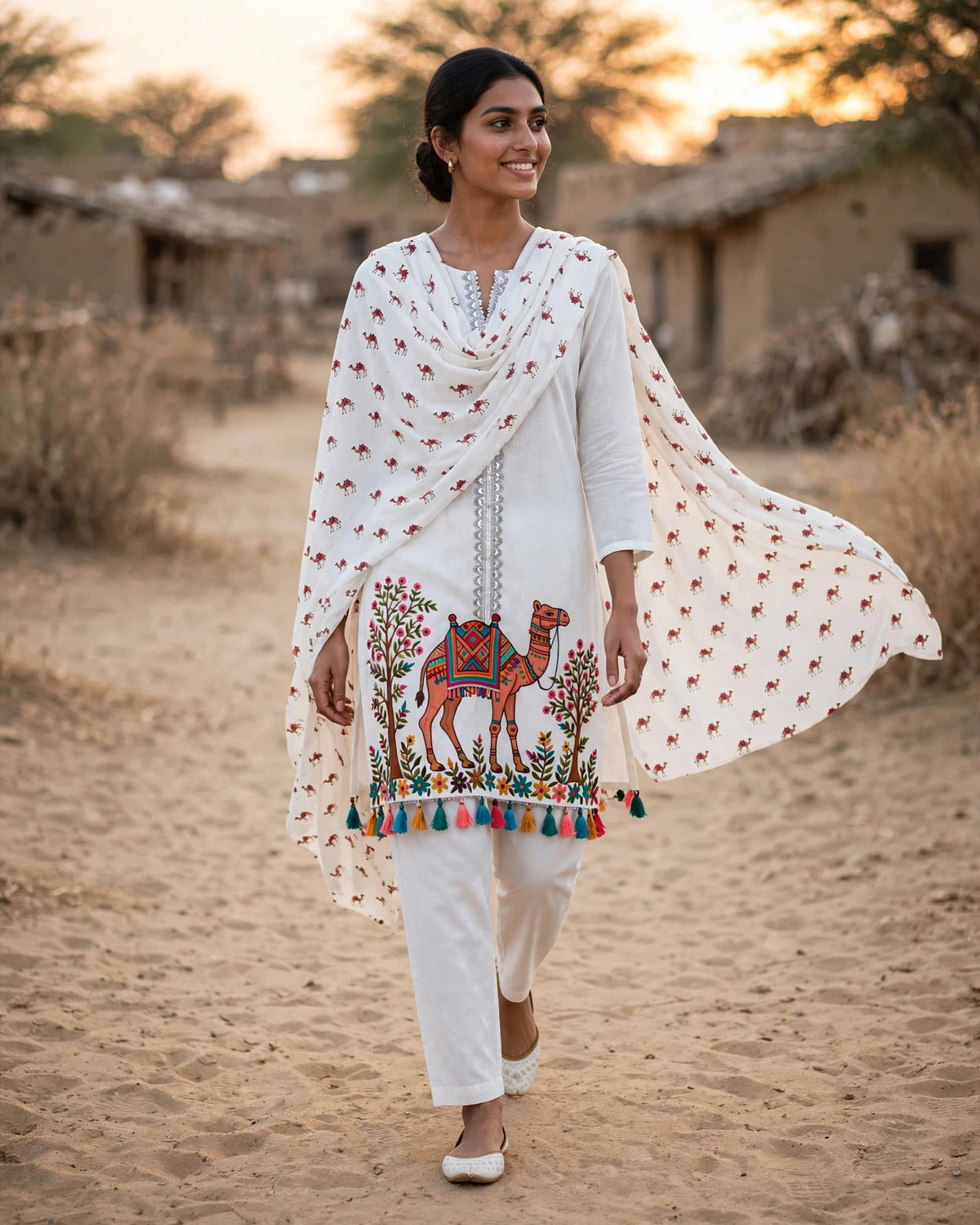 Desert Heritage Hand-Embroidered Camel Motif Kurta Set – Ivory Elegance