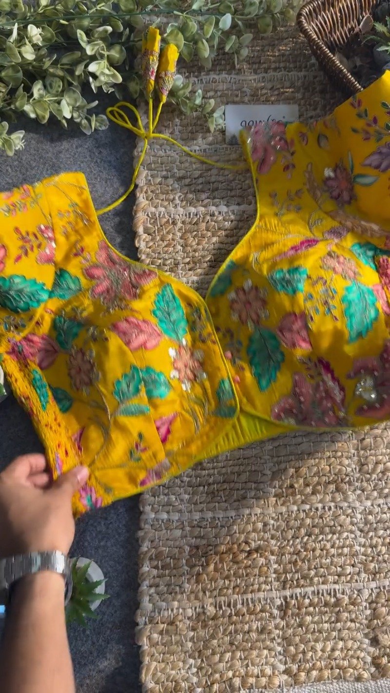 Sun-Kissed Marigold Embroidered Silk Blouse – A Floral Masterpiece