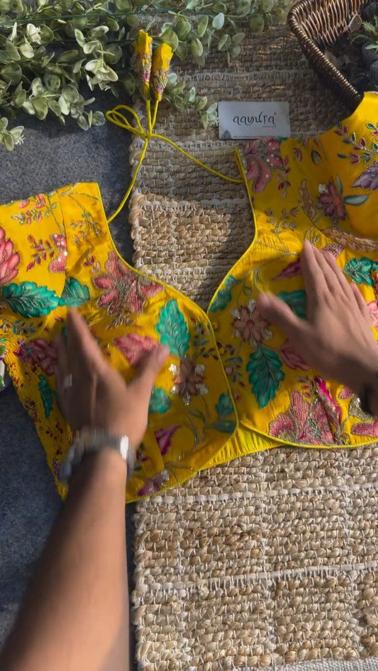 Sun-Kissed Marigold Embroidered Silk Blouse – A Floral Masterpiece