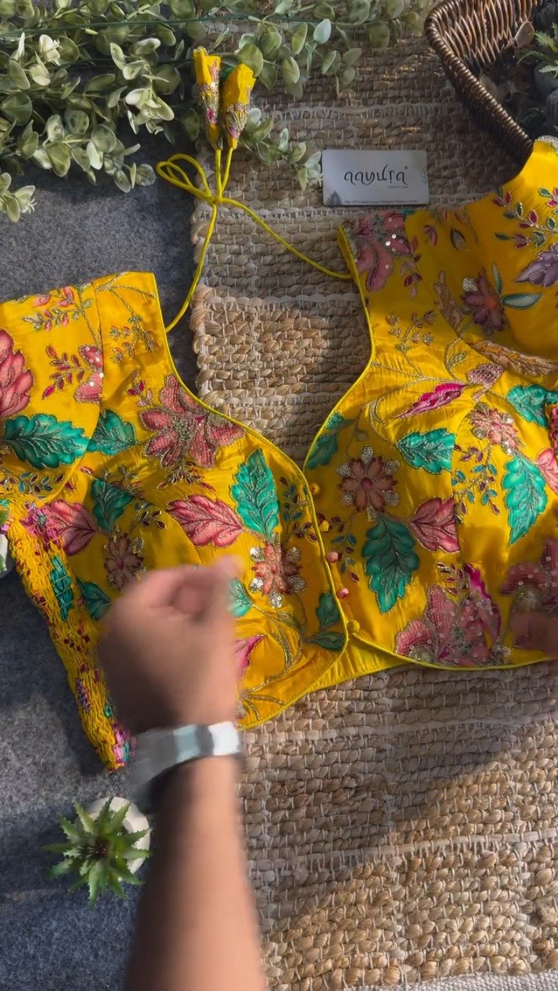 Sun-Kissed Marigold Embroidered Silk Blouse – A Floral Masterpiece