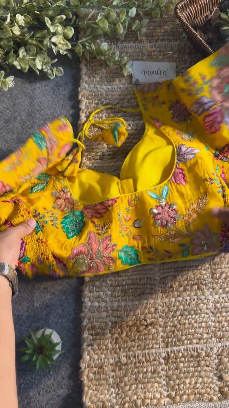 Sun-Kissed Marigold Embroidered Silk Blouse – A Floral Masterpiece
