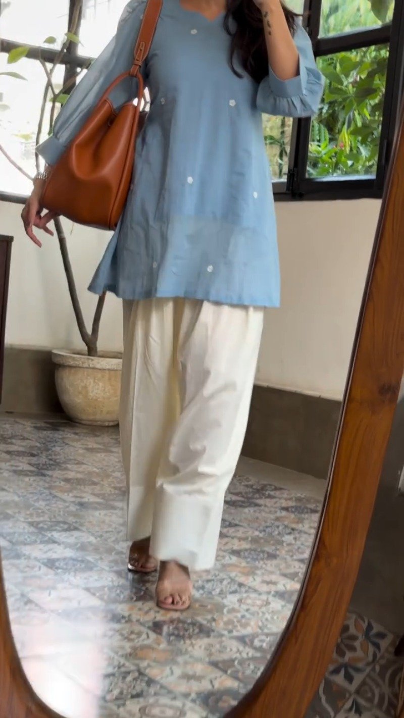 Pastel Skies Cotton Embroidered Kurta Set with Wide-Leg Palazzos